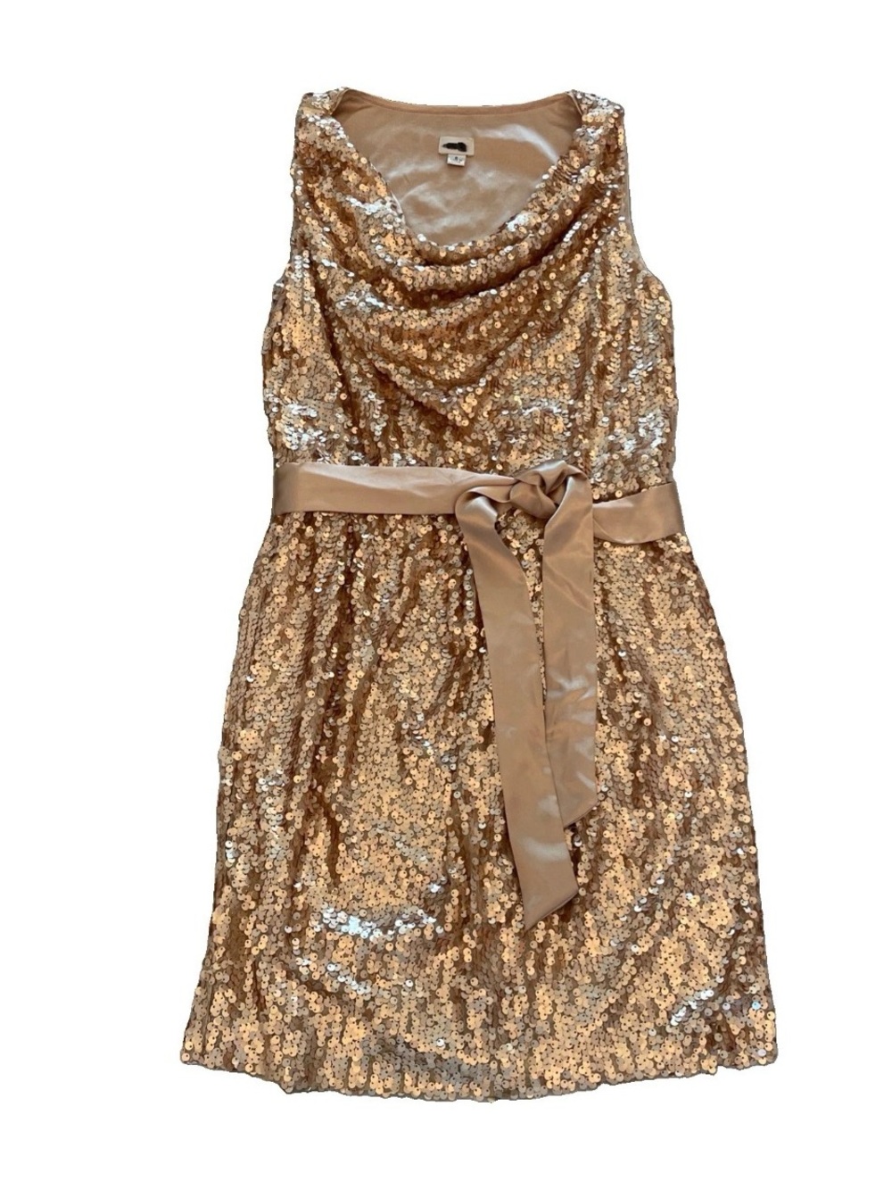 Caché Size 8 Gold Sequin Draped Cowl Neck Mini Dress Party Cocktail Formal